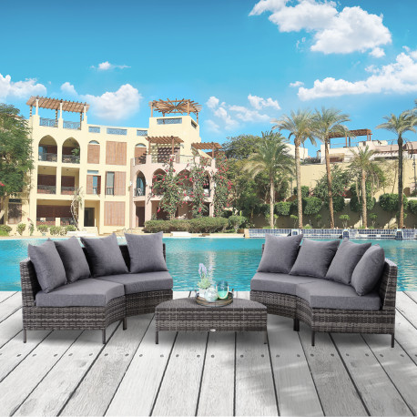 Outsunny Rattan Garden Furniture 4 Seaters Half-round Patio Outdoor Sofa & Table Set Wicker Weave Conservatory Cushioned Seat wi