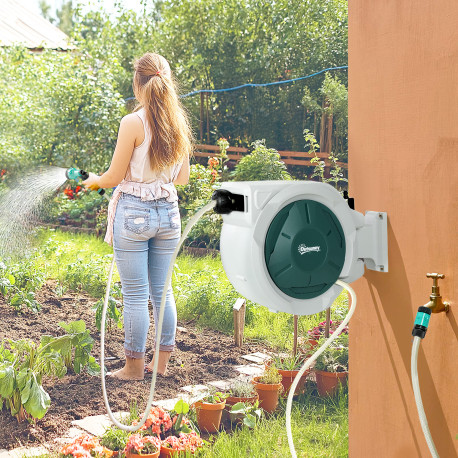 Outsunny Retractable Hose Reel Wall Mounted, 20+2m Garden Hose Pipe Reel with Lock, Auto Rewind, 7 in 1 Spray Nozzle, Includes W