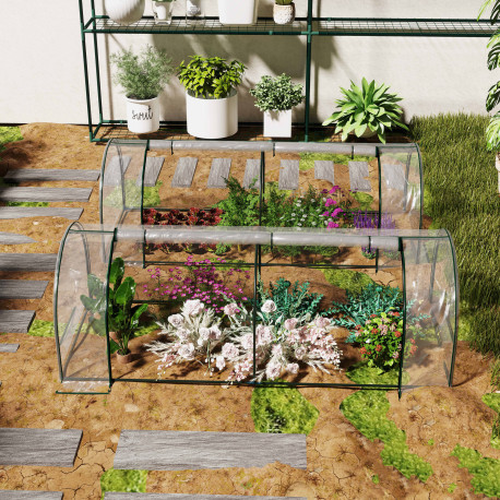 Outsunny Set of 2 Tunnel Greenhouse, Green Grow House with Roll-up Door, Steel Frame, Plastic Cover for Garden, Outdoor, 250 x 1
