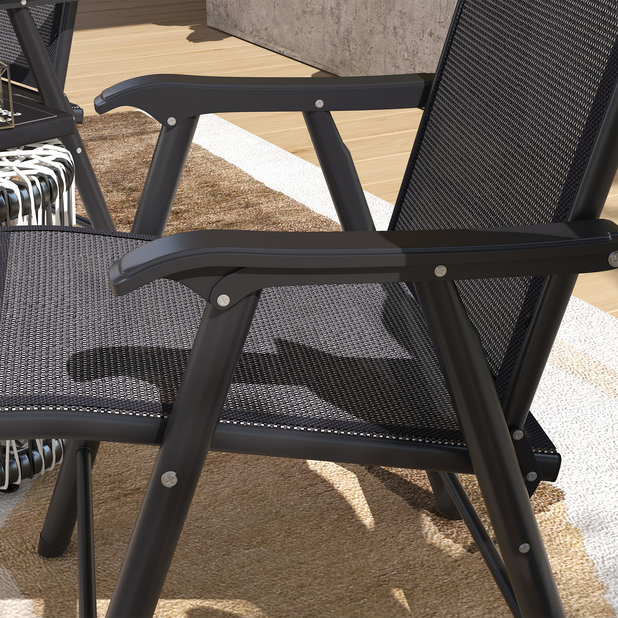 Outsunny Set of 4 Folding Garden Chairs, Metal Frame Garden Chairs Outdoor Patio Park Dining Seat with Breathable Mesh Seat, Dar