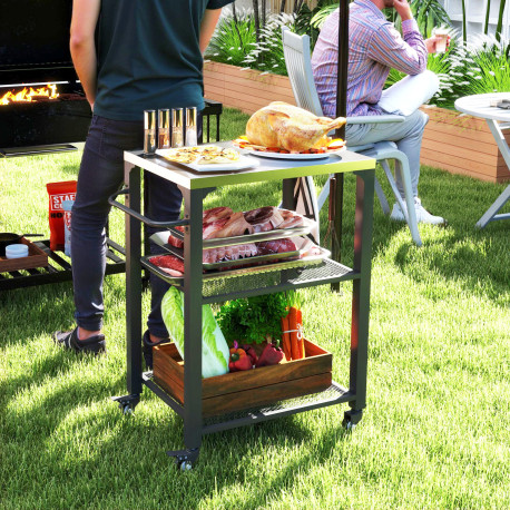 Outsunny Three-Shelf Outdoor Grill Cart with Stainless Steel Top, Outdoor Kitchen Island with 4 Wheels, 3 Hooks, Movable Food Pr