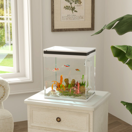 PawHut 14L Glass Fish Tank with Filter System, LED Lights, Water Pump, White