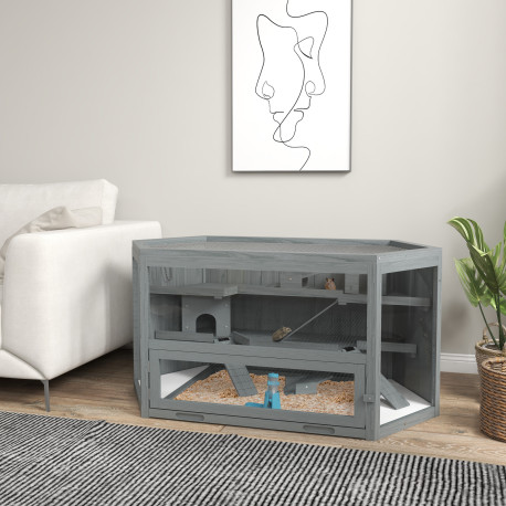PawHut 3 Tier Wooden Large Hamster Cage with Sliding Tray, Seesaws, Water Bottle, Grey