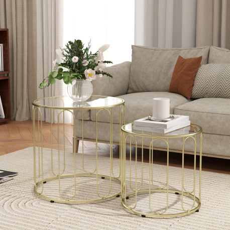 Round Coffee Table Set of 2, Glass Nest of Tables with Metal Frame and Tempered Glass Tabletop, Modern Side Tables for Living Ro
