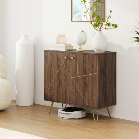 Sideboard Storage Cabinet with Golden Lines, Modern Luxury Living Room Cabinet with Adjustable Shelf, Steel Harpin Legs, Brown