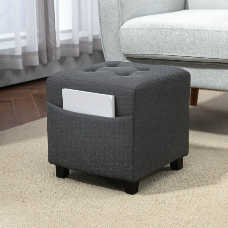 Square Footstool, Small Ottoman with Side Pocket, Linen Fabric Footrest Foot Stool with Rubber Wood Legs and Padded Seat for Liv