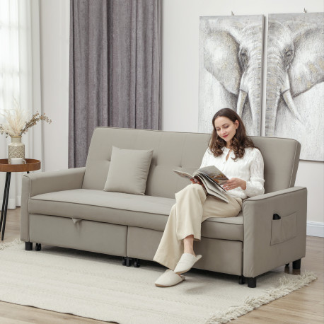 Three-Person Velvet-Feel Sofa Bed - Beige