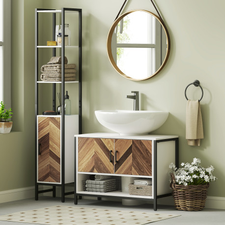 Under Sink Bathroom Cabinet, Rustic Under Sink Cabinet with Herringbone Doors and Open Compartment for Basin with or without Ped