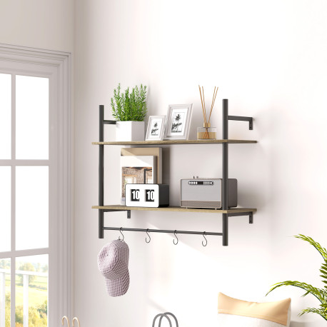 Wall Mounted Floating Shelves with 4 Hooks, Rustic Wall Shelf Unit for Living Room, Entryway, Grey