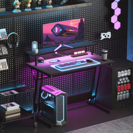 Gaming Desk with LED Lights and Power Outlets, 100 x 60cm Z Shaped Computer Desk with Monitor Stand and Steel Frame, PC Gaming T