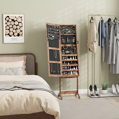 Jewellery Cabinet with LED Light, Lockable Jewellery Organiser with Full-Length Mirror for Bedroom Dressing Room, Rustic Brown