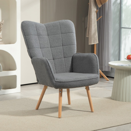 Modern Accent Chair, Upholstered Tufted Wingback Armchair with Seat Padding, Leisure Lounge Bedroom Chair with Wood Legs, Dark G