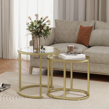 Modern Coffee Table Set of 2, Nest of Tables with Steel Frame and Tempered Glass Tabletop, Side Tables for Living Room Bedroom, 