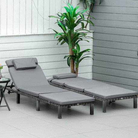Outsunny 2 Pieces Outdoor PE Rattan Sun Loungers set of 2 with Cushion, Garden Wicker Sunbed Furniture with 5-Level Recliner Bac