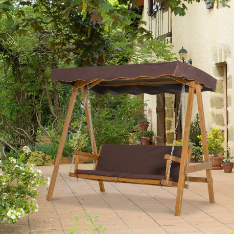Outsunny 3 Seater Garden Swing Seat Outdoor Swing Chair with Adjustable Canopy, Wooden Hammock Bench with  Padded Cushions for P