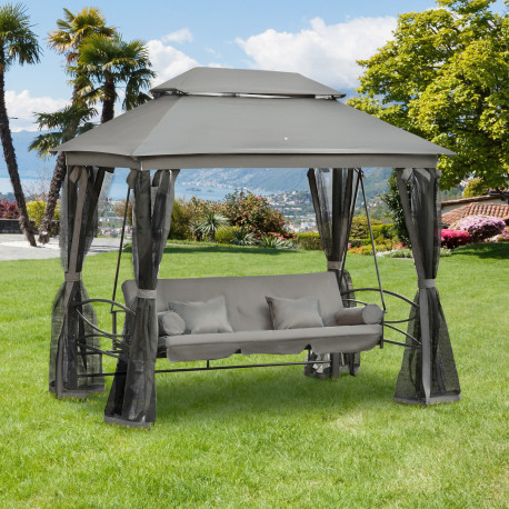 Outsunny 3 Seater Swing Chair 3-in-1 Convertible Garden Swing Seat Bed Gazebo Patio Bench Outdoor with Double Tier Canopy, Cushi