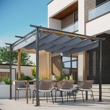 Outsunny 3 x 3(m) Metal Pergola with Retractable Roof, Garden Gazebo Metal Pergola Canopy. Outdoor Sun Shade Shelter for Party B