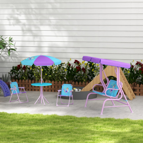 Outsunny 4PCs Kids Garden Furniture Set w/ 2 Seater Garden Swing Chair with Adjustable Canopy, Childrens Table and Chair Set wit