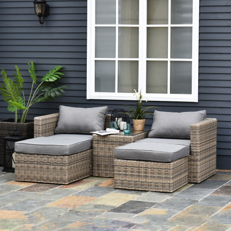 Outsunny 5 Piece Rattan Garden Furniture Set w/ 10cm Thick Cushions, Aluminium Frame Wicker Outdoor Balcony Sofa Set with Corner