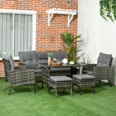 Outsunny 5 Seater Rattan Garden Furniture Set, 2 Armchairs, 3-Seater Wicker Sofa, 2 Footstools and Glass Table, 6 Piece Patio Ra