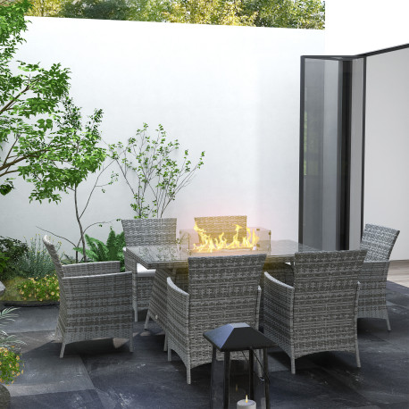 Outsunny 7 Pieces Outdoor Rattan Garden Furniture with Fire Pit Table, 6 Seater Garden Table and Chairs with Cushions, Rattan Di