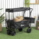 Outsunny Folding Trolley Cart Storage Wagon Beach Trailer 4 Wheels with Handle Overhead Canopy Cart Push Pull for Camping, Black