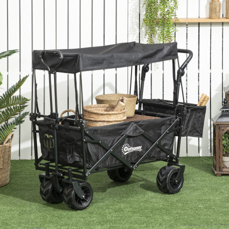 Outsunny Folding Trolley Cart Storage Wagon Beach Trailer 4 Wheels with Handle Overhead Canopy Cart Push Pull for Camping, Black