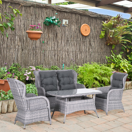 Outsunny Garden PE Rattan Dining Sofa Set, Outdoor 4 Seater Wicker Furniture, High Back Chairs with Cushions, Tempered Glass Cof