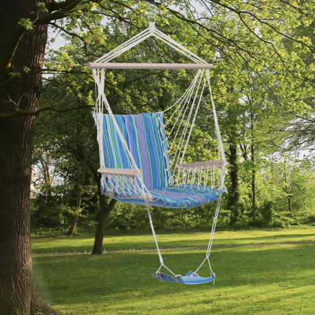Outsunny Hanging Rope Chair with Soft Padded Seat & Backrest, Portable Garden Hammoc Chair with Wooden Support Bar, Armrests, Co