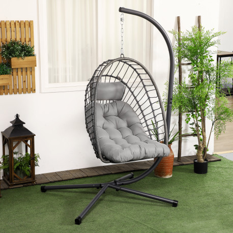 Outsunny Outdoor PE Rattan Swing Chair with Cushion, Garden Foldable Basket Patio Hanging Egg Chair with Metal Stand, Headrest, 