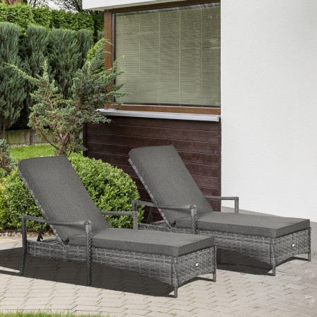 Outsunny PE Rattan Sun Loungers set of 2 with Cushion, Outdoor 2 Pieces Garden Sunbed Furniture with 4-Level Recliner Backrest, 
