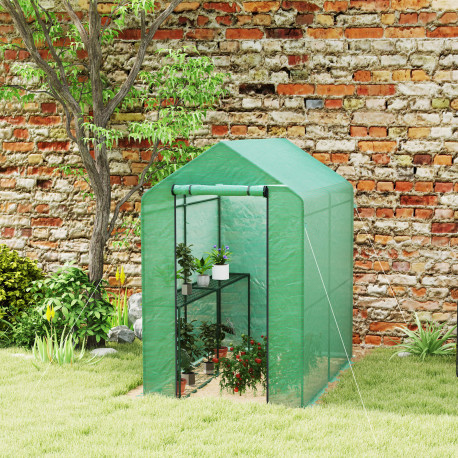 Outsunny Walk-in Greenhouse with 2 Tier 4 Shelves, Small Greenhouse with Reinforced PE Cover, Garden Plant Growhouse with Roll-u