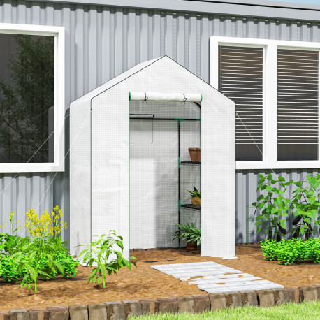Outsunny Walk-in Greenhouse with 3 Tier 4 Shelves, Small Greenhouse with Reinforced PE Cover, Garden Plant Growhouse with Roll-u
