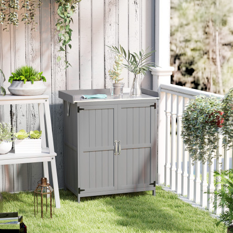 Outsunny Wooden Garden Shed, Garden Tool Storage Shed with Hinged Roof and Shelf, Outdoor Storage Cabinet with Double Doors, Gre