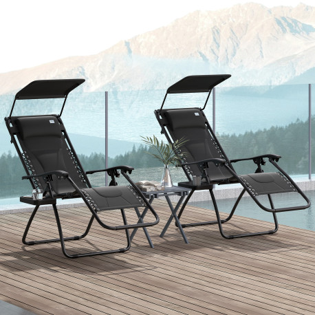 Outsunny Zero Gravity Lounger Chair Set of 2, Folding Reclining Patio Chair with Shade Cover, Cup Holder, Soft Cushion and Headr