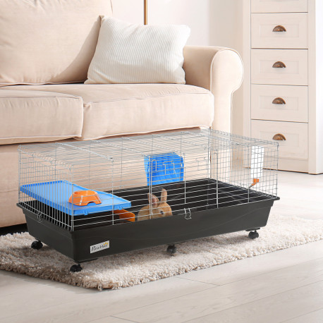 PawHut Small Animal Cage Rabbit Guinea Pigs Chinchillas Cage w/ Wheels Water Bottle Food Dish Platform Ramp 119 x 59 x 50 cm Bla